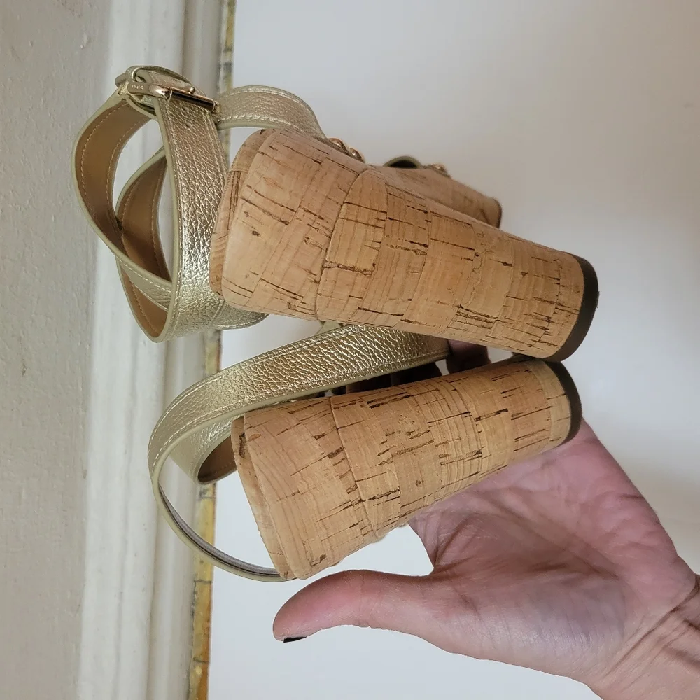Coach Metallic Gold Leather Cork Sandals Turn-Lock Detail & Wrap Strap Boho Chic
